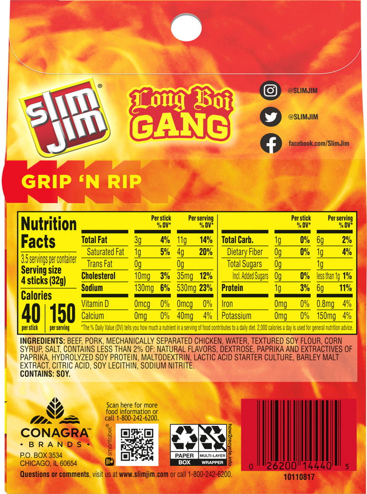 Slim Jim Snack Stick, Smoked, Original, Snack Size