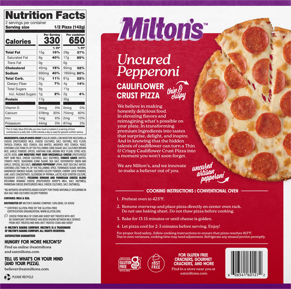 Milton's Pizza, Cauliflower Crust, Uncured Pepperoni Milton's Pizza, Cauliflower Crust, Uncured Pepperoni
