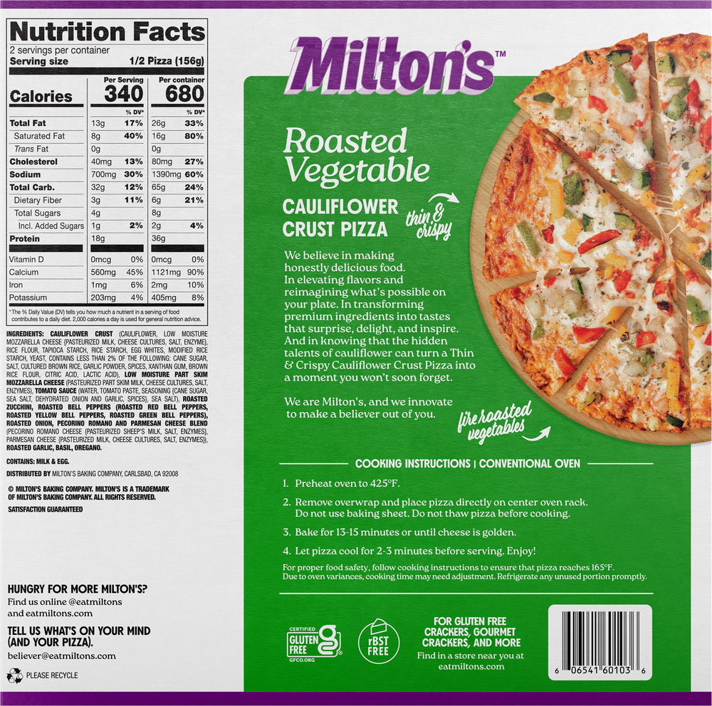 Milton's Pizza, Roasted Vegetable, Cauliflower CrustPlanogramBack