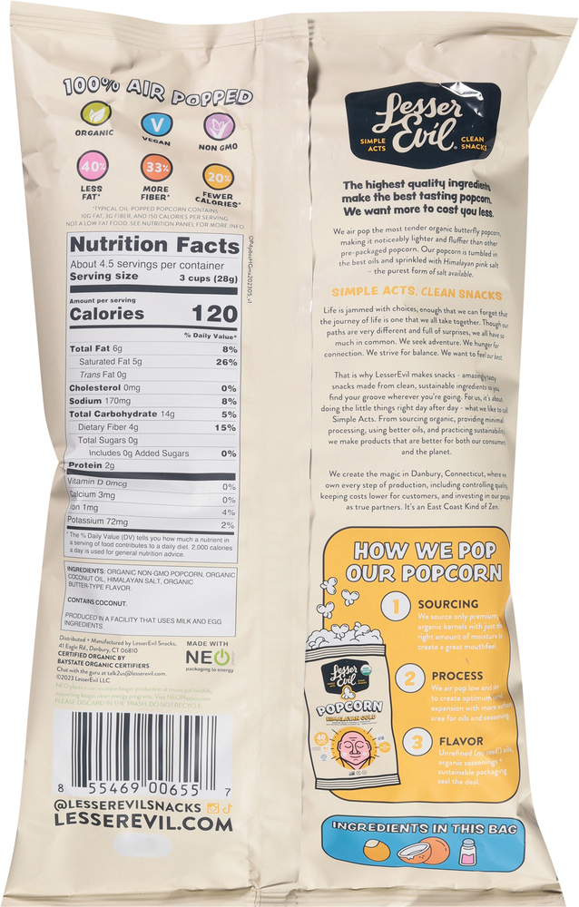 LesserEvil Popcorn, Organic, Himalayan Gold-Planogram-Back