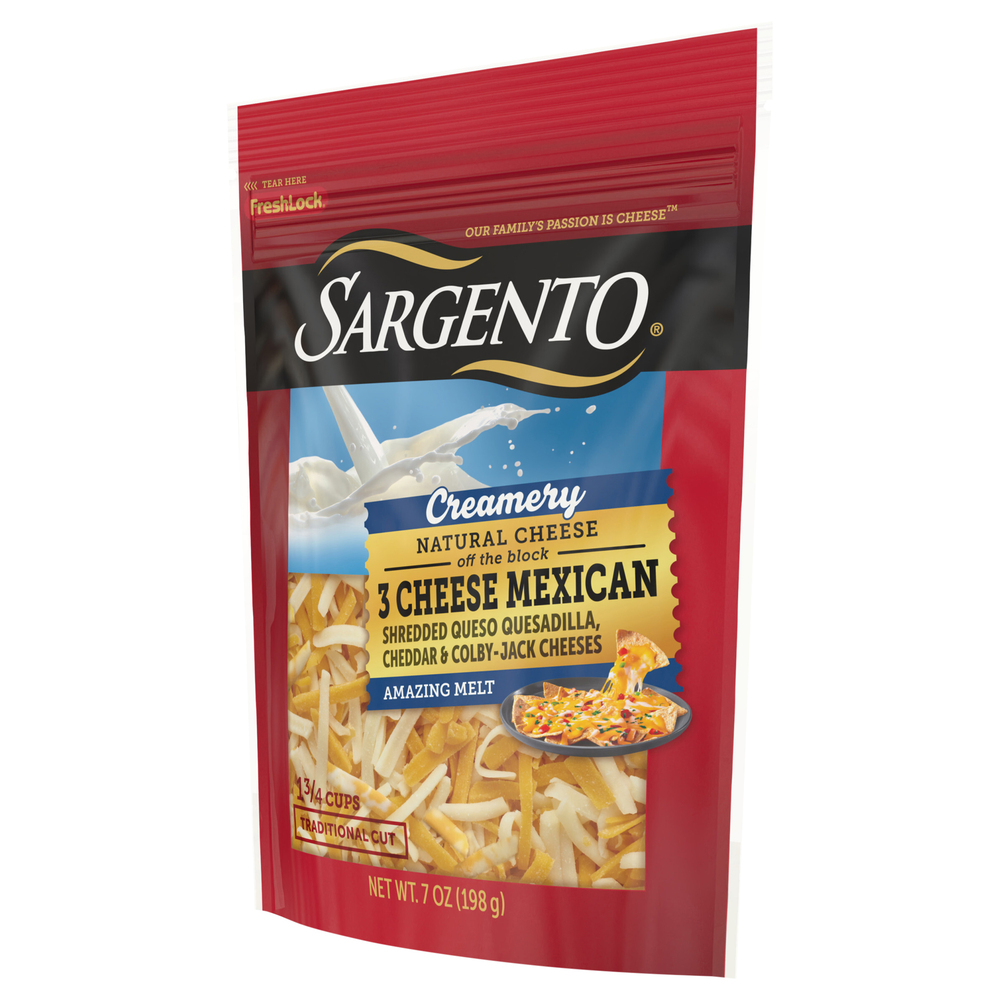 Sargento Shredded Cheese, 3 Cheese Mexican, CreameryFrontRightElevated