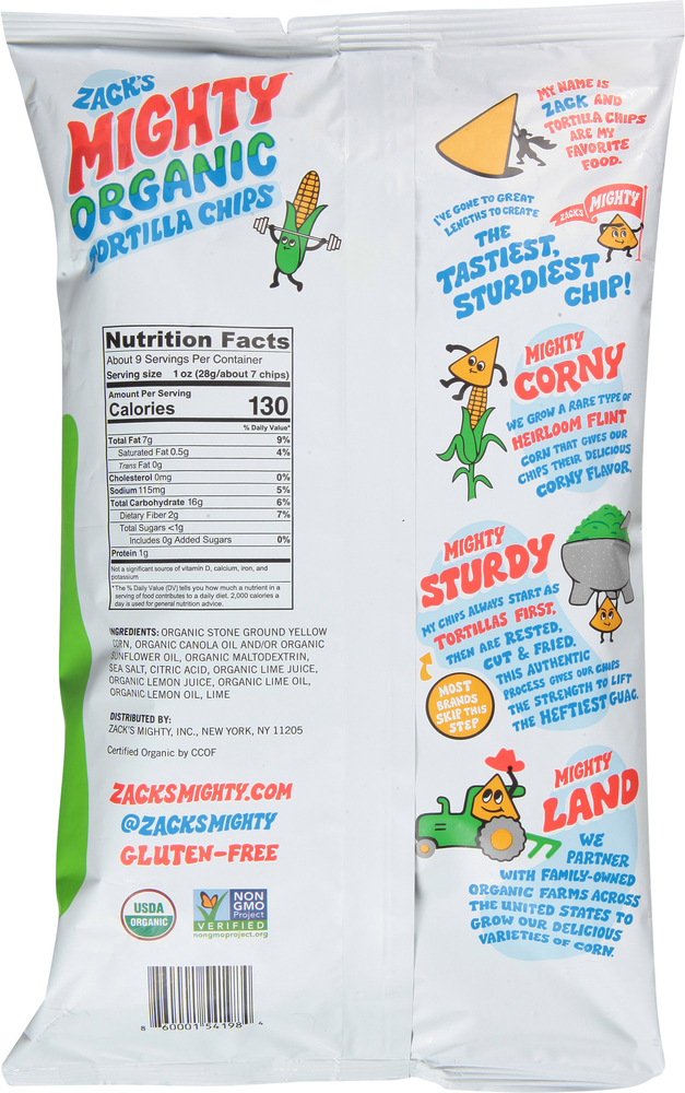 Zack's Mighty Tortilla Chips, Organic, Lime