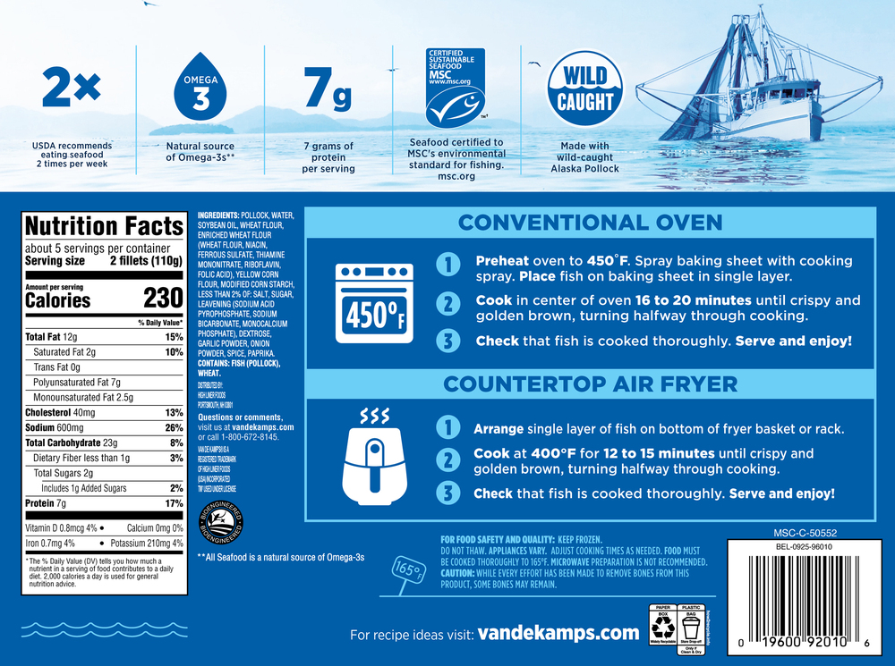 Van de Kamp's Fish Fillets, 100 Whole, Crispy BatteredPlanogramBack