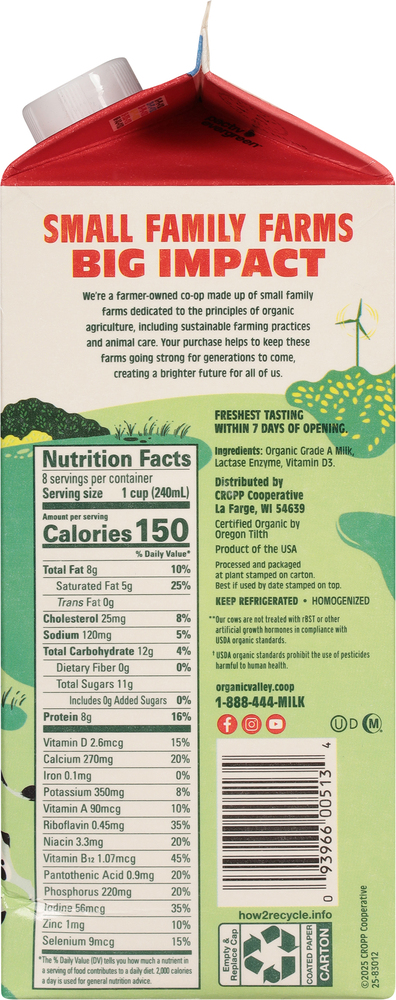 Organic Valley Milk, Lactose Free, Whole