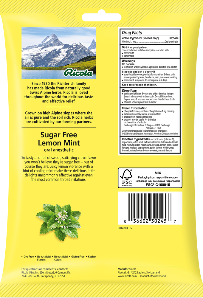 Ingredients Ricola Lemon Ricola Lemon Mint, Sugar Free, Throat Drops-Planogram-Back