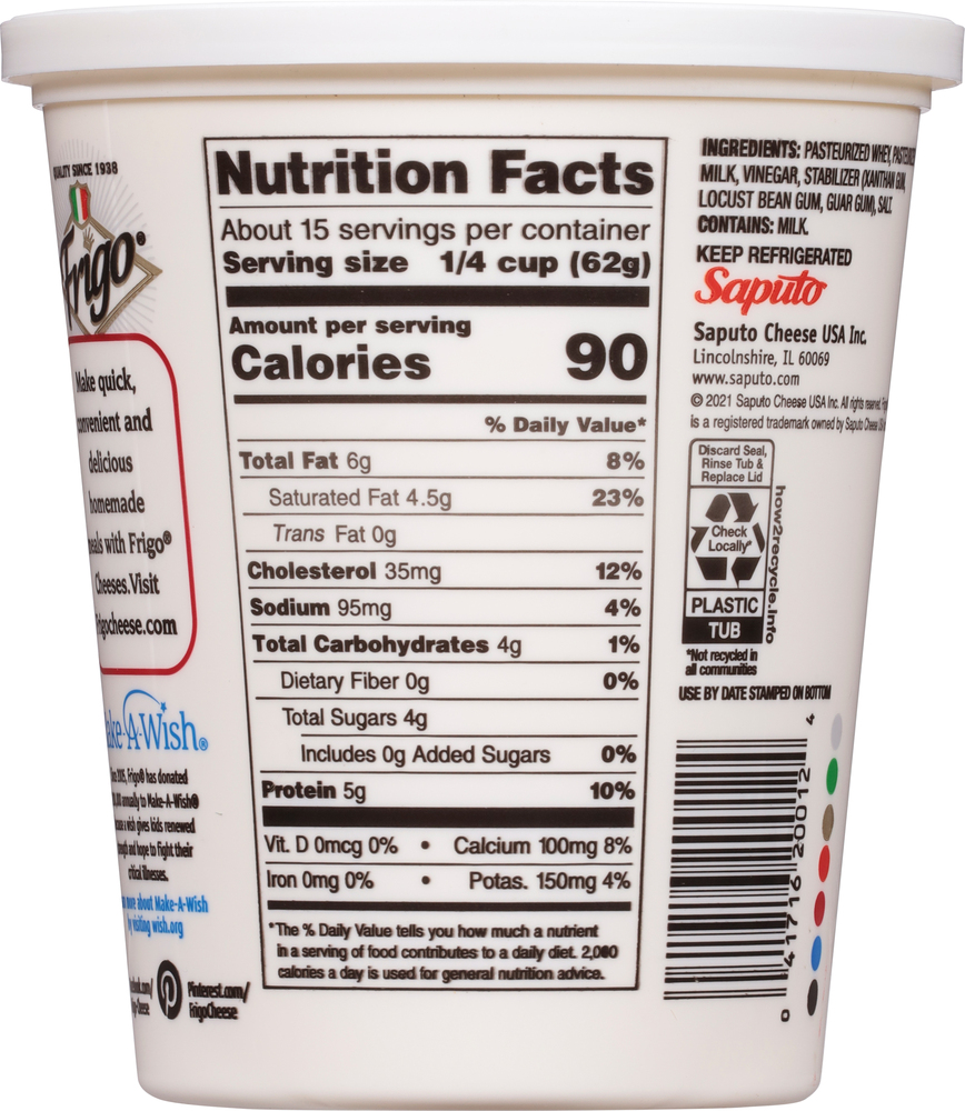 Frigo Ricotta Cheese, Whole MilkPlanogramBack