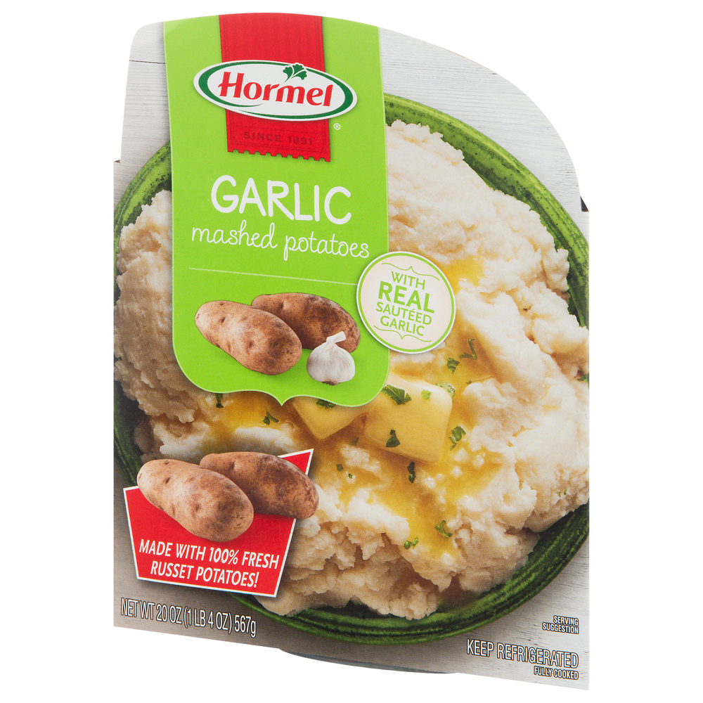 Hormel Mashed Potatoes Garlic Front Right Elevated Hormel Mashed Potatoes Garlic Front Right Elevated