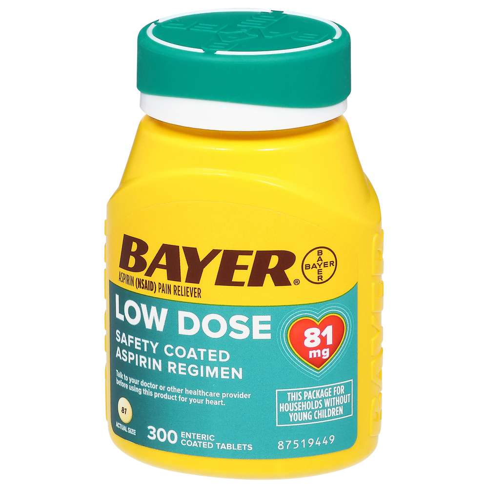 Bayer Aspirin (NSAID) Pain Reliever, Low Dose, 81 mg, Enteric Coated TabletsFrontRightElevated
