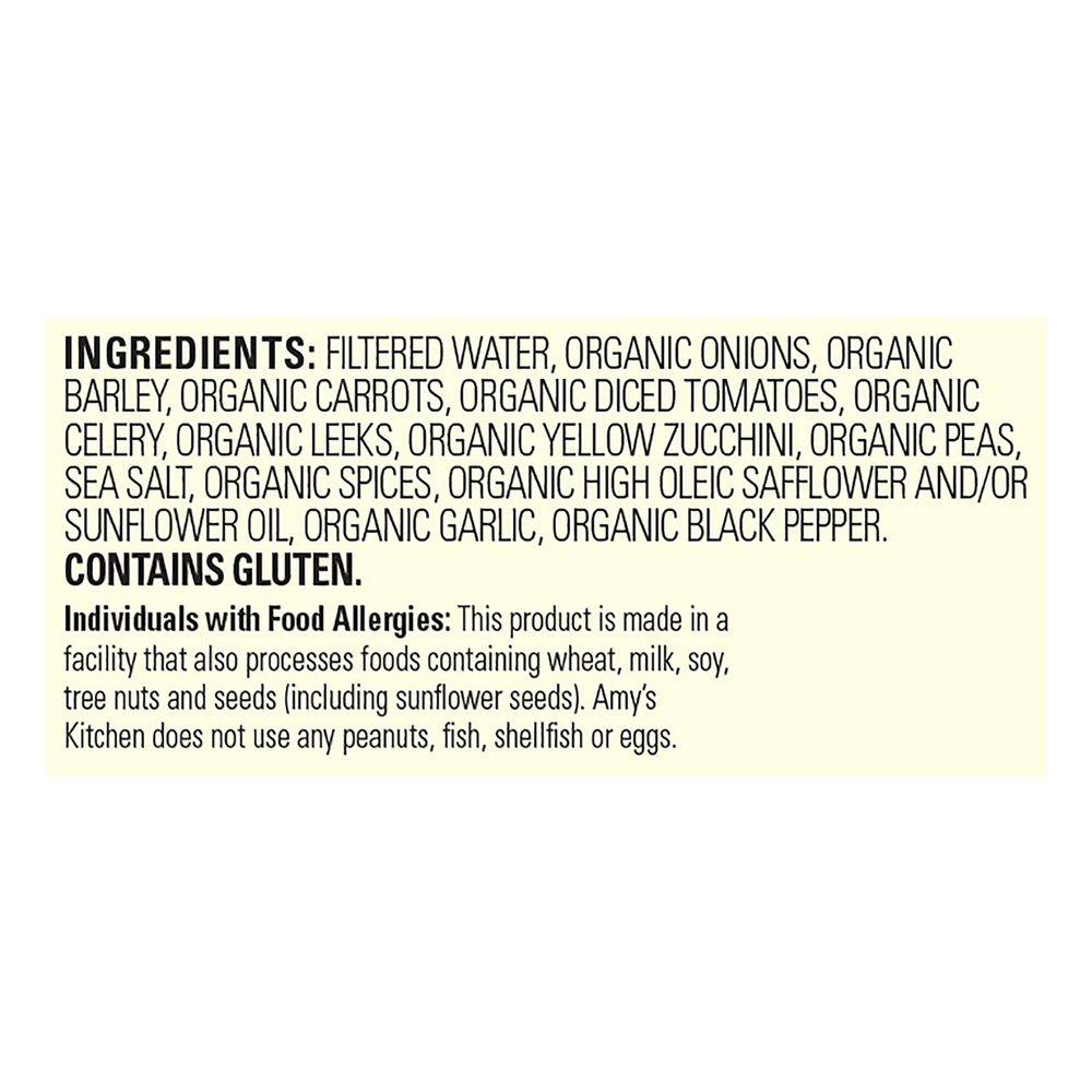 Amy's Organic Vegetable Barley Soup, Low Fat, Vegan, 14.1 oz.Ingredients