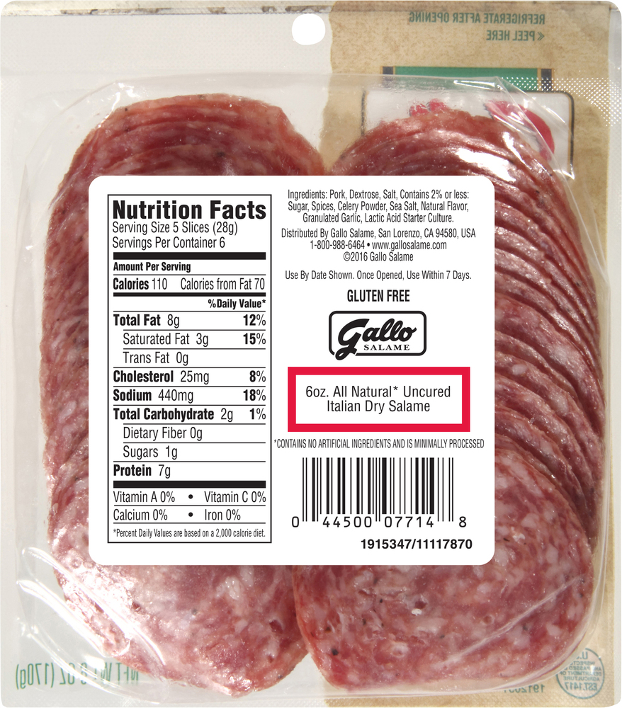 Gallo Deli Thin Sliced All Natural* Uncured Salami Lunch Meat, 6 oz ...