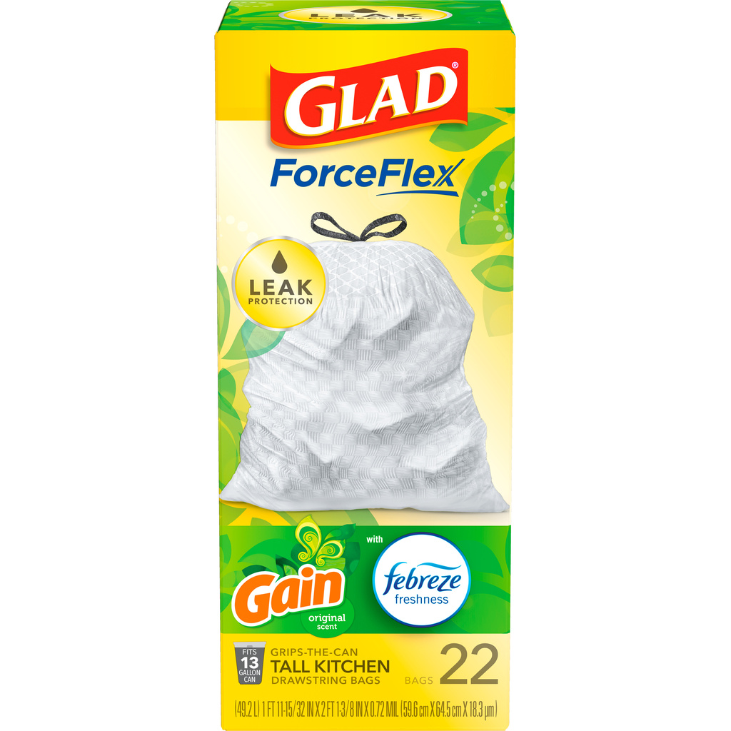 Glad ForceFlex 13 Gallon Tall Kitchen Gain Original Scent Drawstring ...