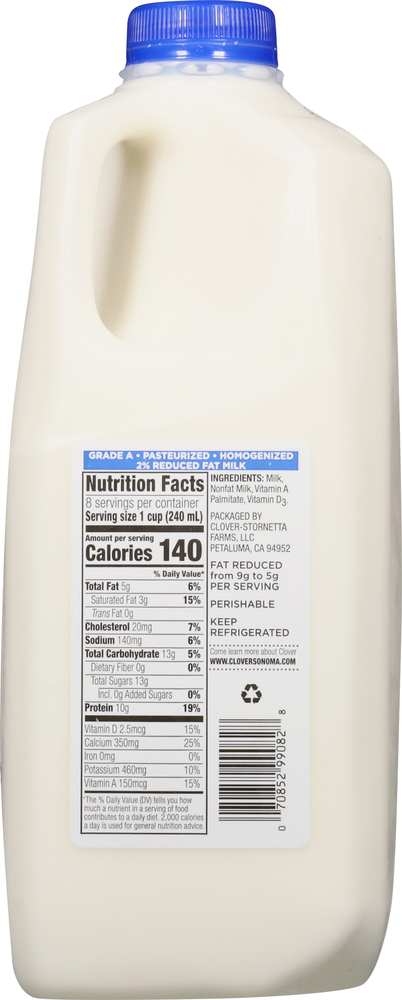 Clover Sonoma 2% Reduced Fat Milk Half Gallon - Plastic