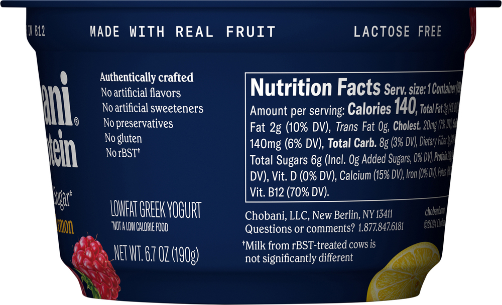 Chobani Zero Added Sugar Lowfat Raspberry Lemon Yogurt