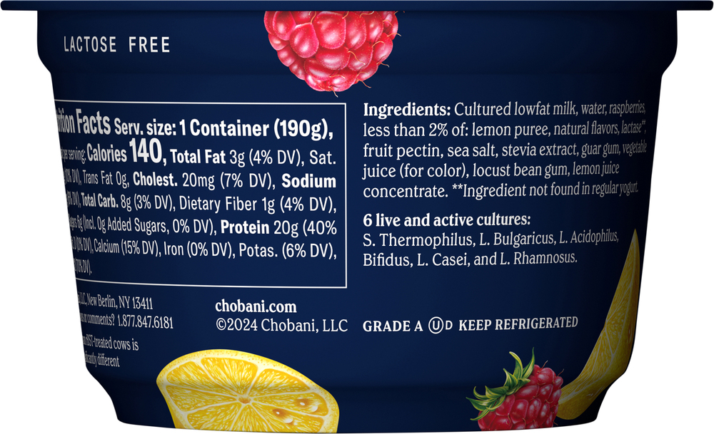 Chobani Zero Added Sugar Lowfat Raspberry Lemon Yogurt