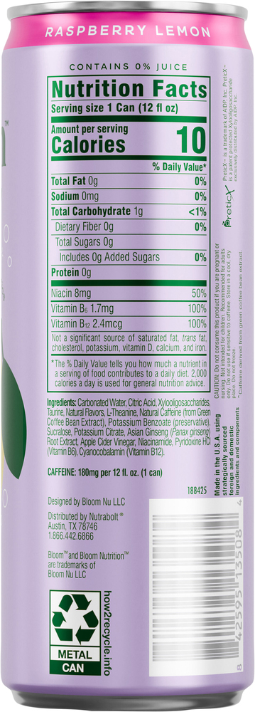 Bloom Raspberry Lemon Nutrition Label Bloom Sparkling Raspberry Lemon Energy Drink-Planogram-Right
