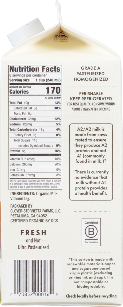 Clover Sonoma Pasture Raised Organic A2 4% Whole Milk