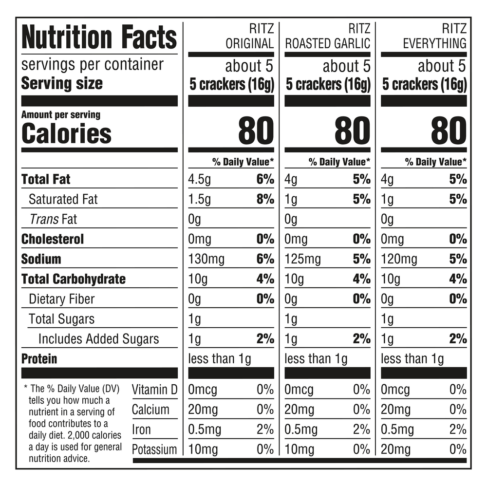 Balanced Breaks Ritz Nutrition Label Ritz Fresh Stacks Roasted Garlic/The Original/Everything Crackers ...