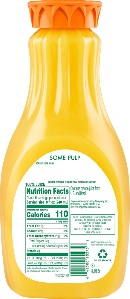 Tropicana 100 Orange Juice Some Pulp