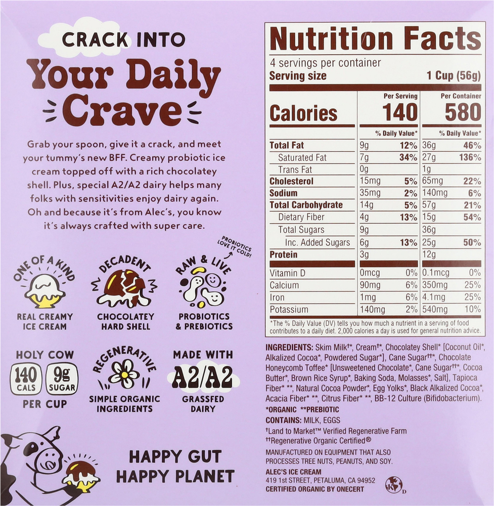 Alec's Culture Cup Probiotic Ice Cream, Dark Chocolate Honeycomb