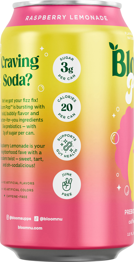 Bloom Pop Raspberry Bloom Pop Caffeine-Free Prebiotic Raspberry Lemonade Soda-Planogram-Left