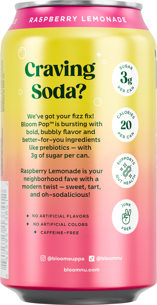 Bloom Pop Raspberry Bloom Pop Caffeine-Free Prebiotic Raspberry Lemonade Soda-Planogram-Back