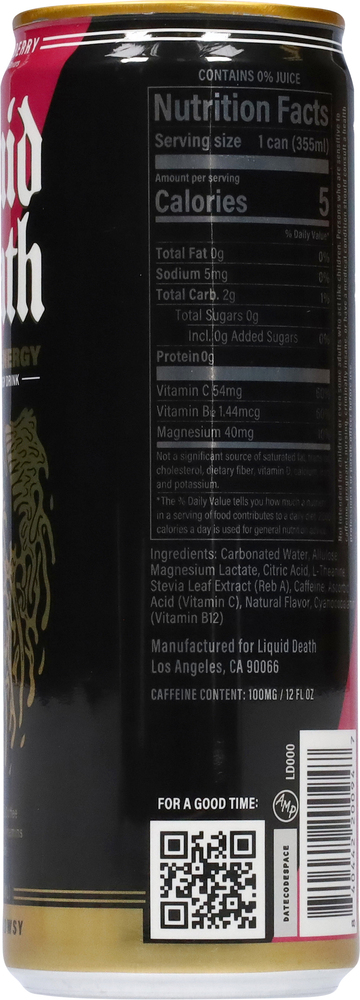 Liquid Death Sparkling Energy - Scary Strawberry, Zero Sugar Energy Drink