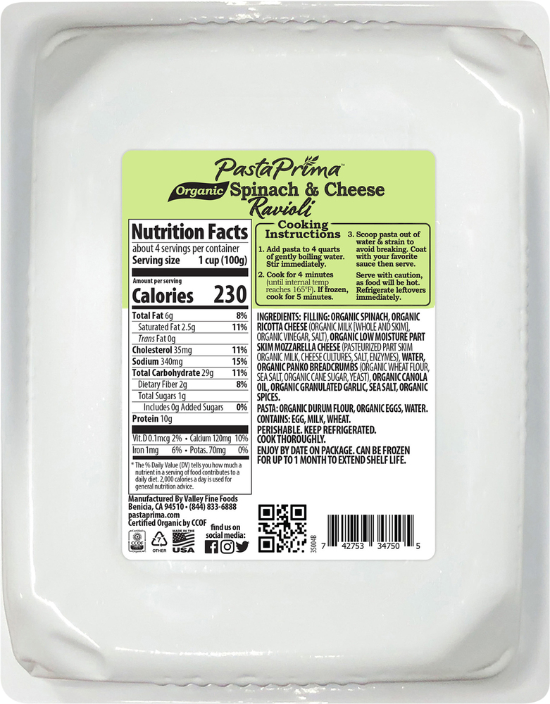 Pasta Prima Ravioli, Organic, Spinach & CheesePlanogramBack