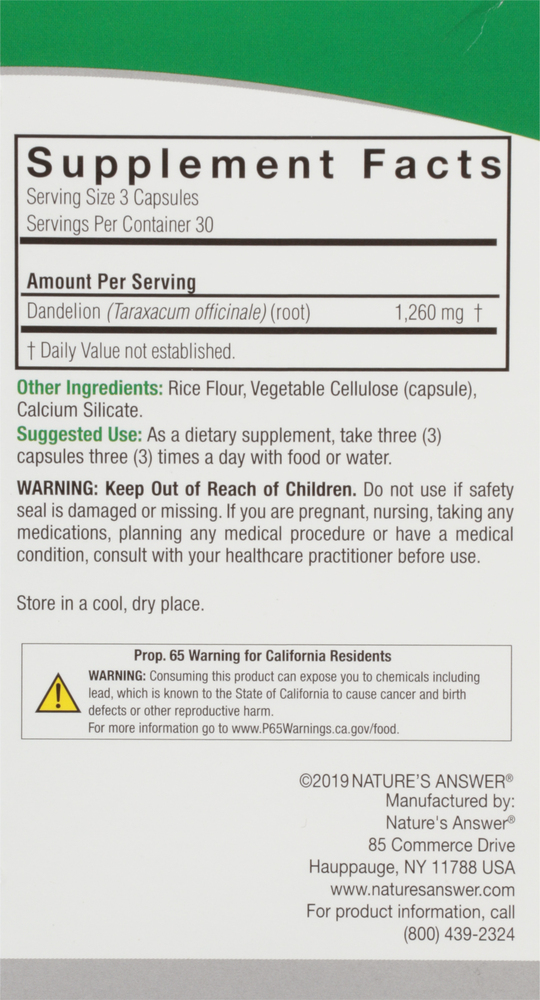 Nature's Answer Dandelion, 1260 mg, Vegetarian Capsules