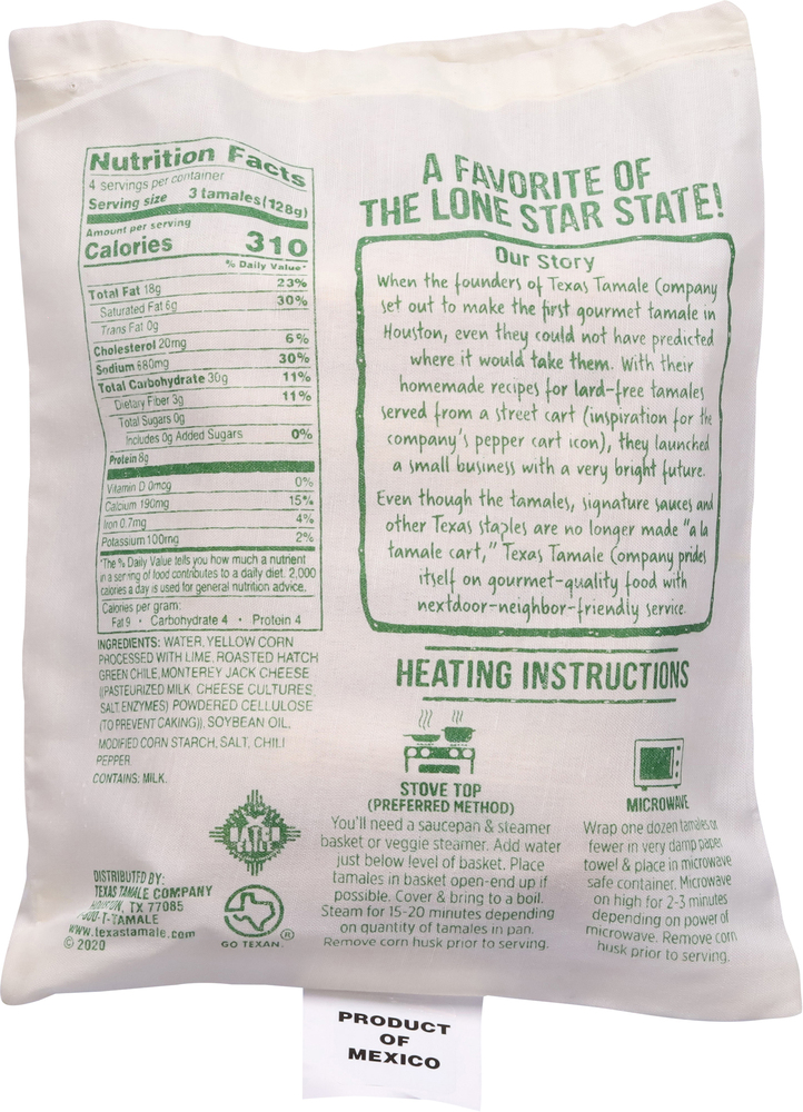 Texas Tamale Tamales, Gourmet, Hatch Green ChilePlanogramBack