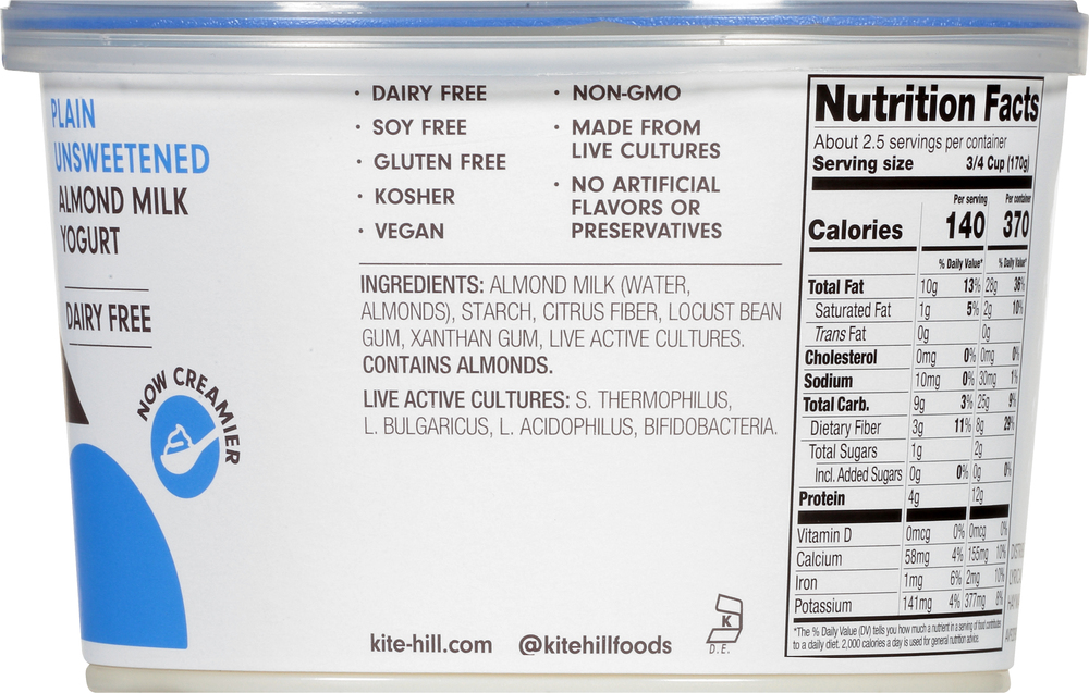 Kite Hill Original Almond Milk Yogurt, Dairy Free, Plain Unsweetened
