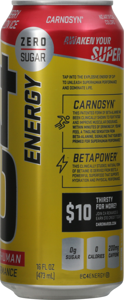 C4 Energy Drink, Performance, Zero Sugar, Strawberry Watermelon Ice