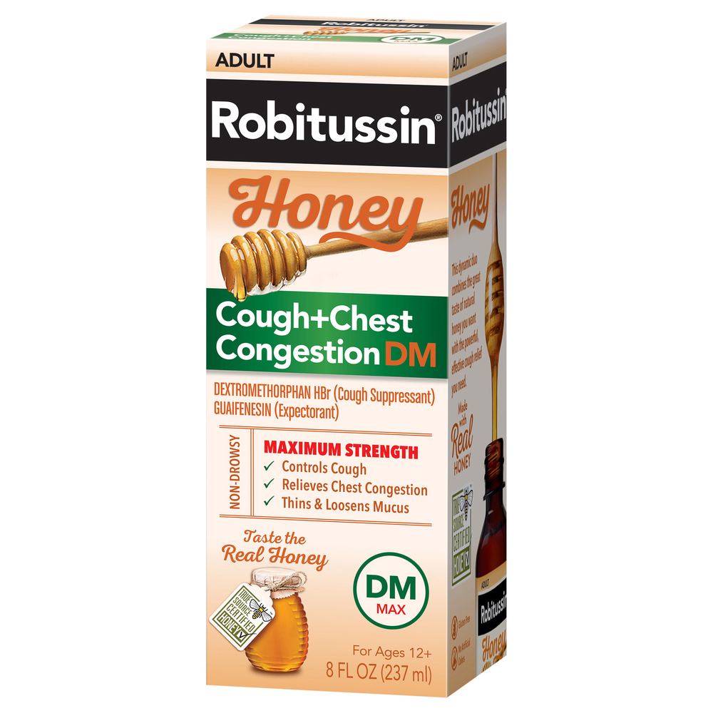 Robitussin Cough + Chest Congestion DM, Maximum Strength, Adult, HoneyFrontRightElevated