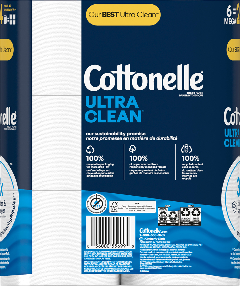 Cottonelle Ultra Clean Toilet Paper, Mega, 1-Ply-Planogram-Back