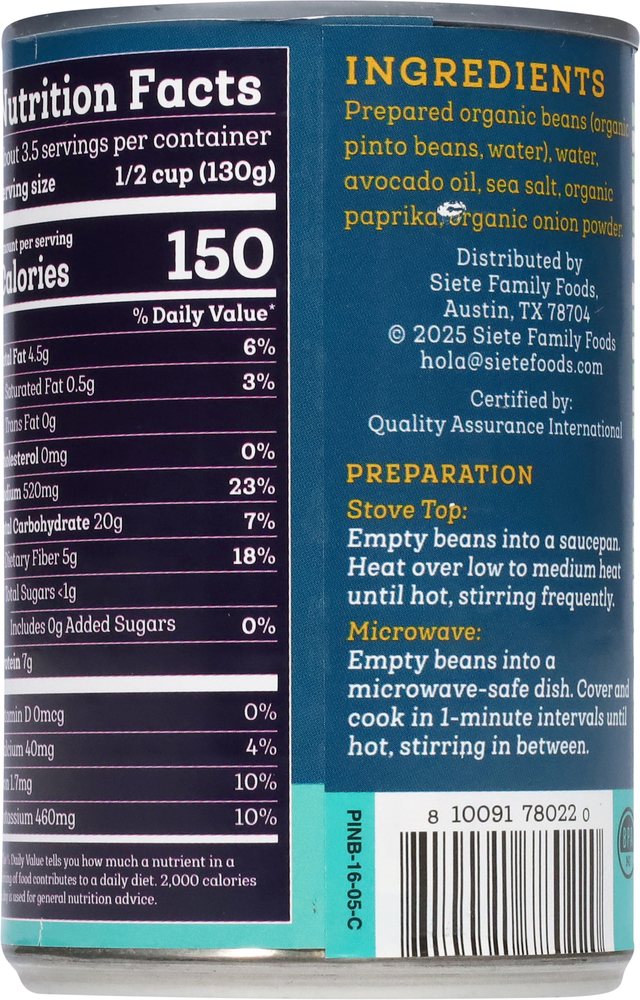 Siete Pinto Beans, Vegan, RefriedPlanogramBack