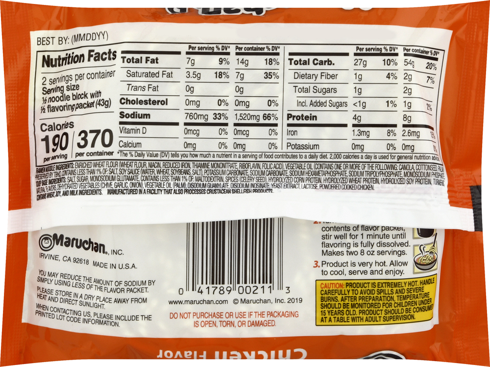 Maruchan Ramen Noodle Soup, Chicken FlavorPlanogramBack