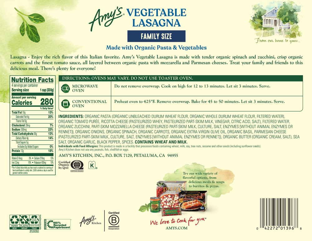 Amy's Lasagna, Vegetable, Family Size