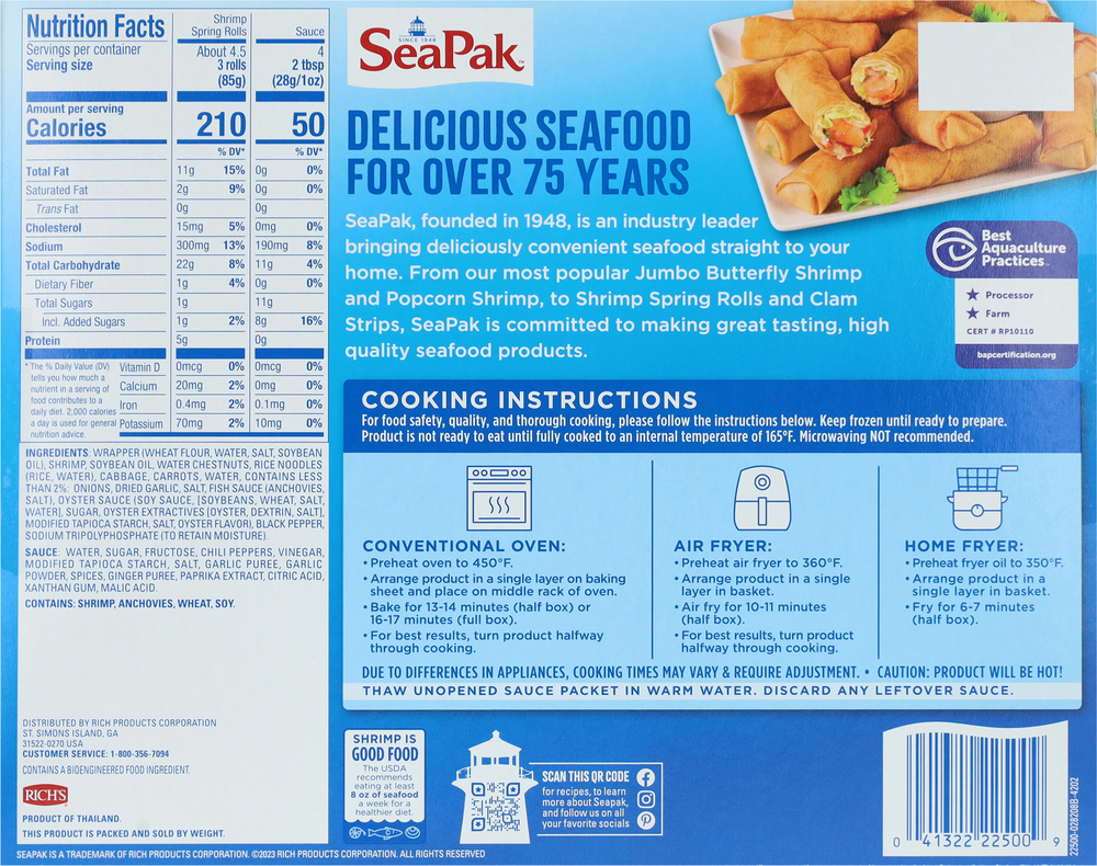 Seapak Spring Rool SeaPak Spring Rolls, Crunchy, Shrimp-Planogram-Back