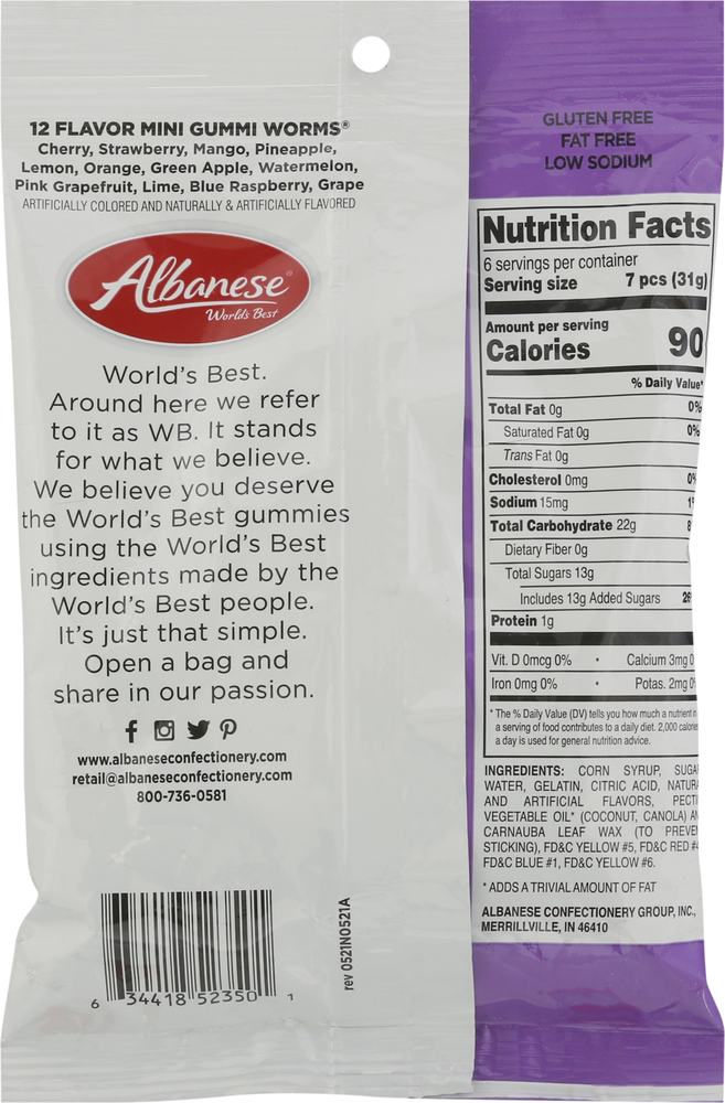 Albanese World's Best Gummi Worms, 12 Flavor, MiniPlanogramBack