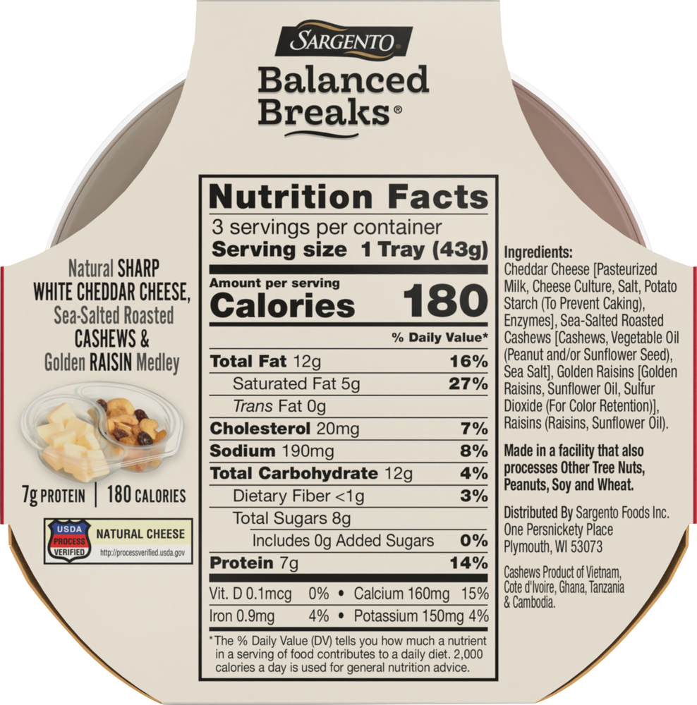 Sharp White Sargento Balanced Breaks, Sharp White Cheddar Cheese/Cashews & Raisin ...