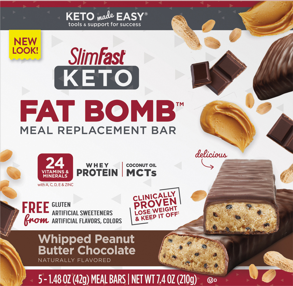 SlimFast Keto Fat Bomb Meal Replacement Bar, Whipped Peanut Butter Chocolate
