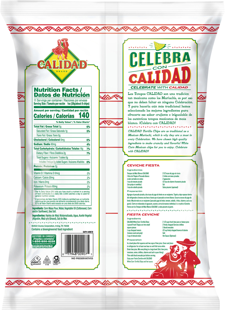 Calidad Tortilla Chips, White CornPlanogramBack