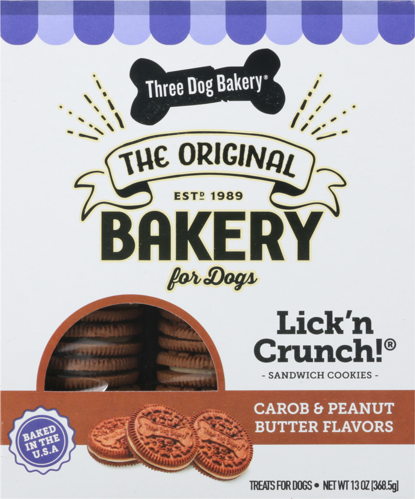 Three Dog Bakery Lick n Crunch Dog Treats Carob Peanut Butter Flavors Sandwich Cookies