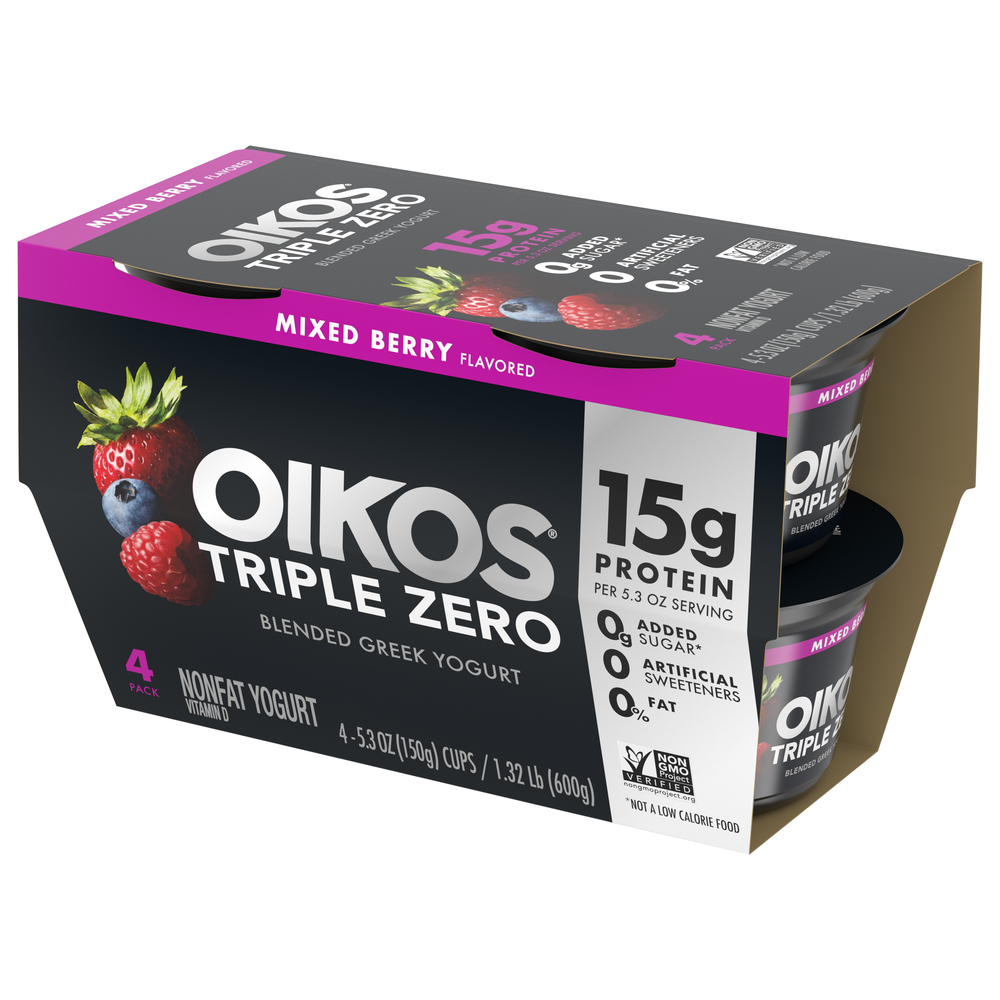 Oikos Triple Zero Yogurt, Greek, Mixed Berry Flavored, Blended, 4 PackFrontRightElevated