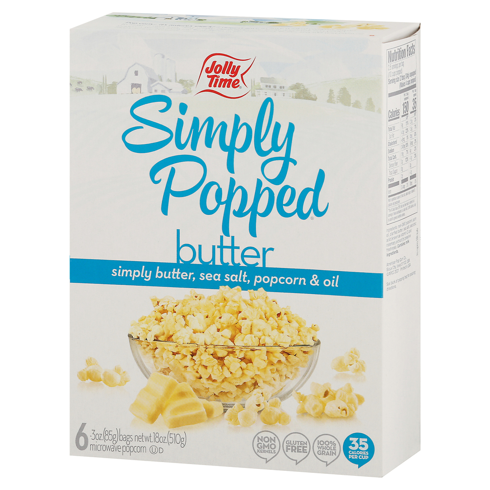 Jolly Time Simply Popped Popcorn, Microwave, ButterFrontRightElevated