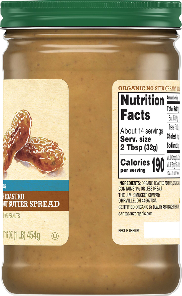 Santa Cruz Organic Peanut Butter Spread, Dark Roasted, Creamy, No Stir