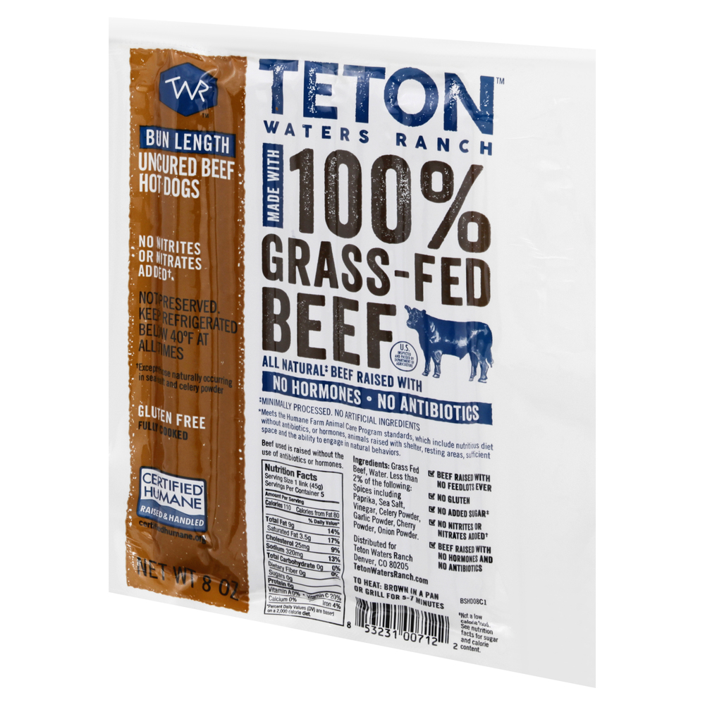 Teton Waters Ranch Hot Dogs, Uncured Beef, Bun Length-Front-Right-Elevated